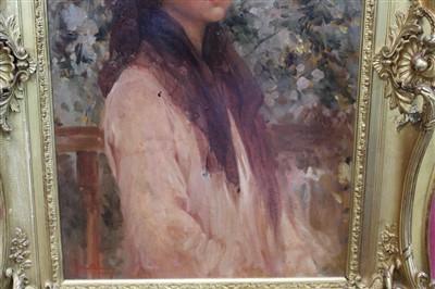 Lot 1175 - Alois Hans Schram (1864-1919) oil on board - portrait if a young lady in a garden, signed and dated 1900, in gilt frame, 52cm x 34cm