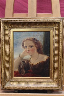 Lot 1173 - 19th century Pre-Raphaelite oil on canvas - portrait of Tennyson’s Maud, in gilt frame, 25cm x 20cm