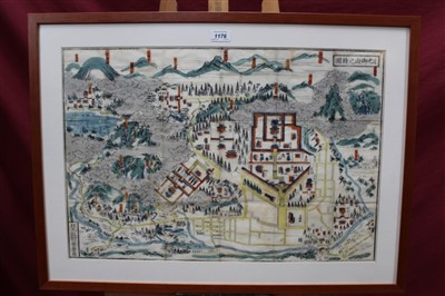 Lot 1176 - Antique Chinese wood cut depicting an estate plan, signed, in glazed frame, 43cm x 63cm