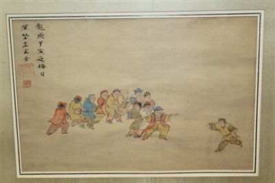 Lot 1177 - Early 20th century Chinese watercolour on silk - dancing figures, signed, in glazed gilt frame, 31cm x 48cm