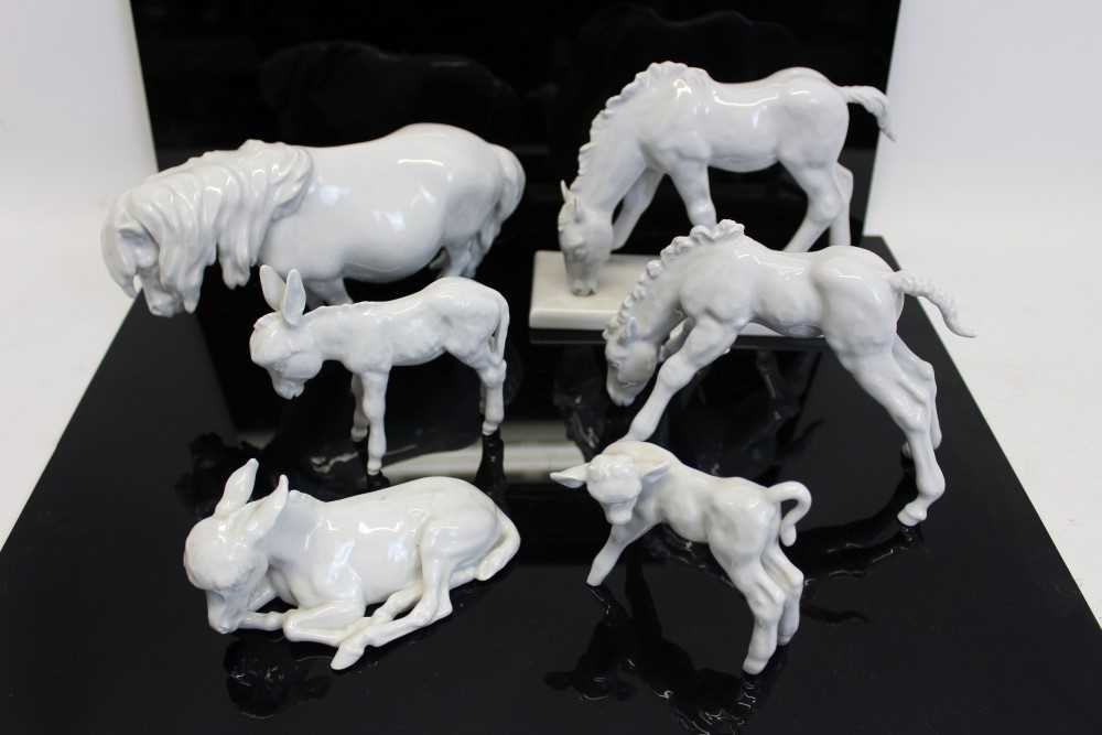 Lot 2116 - Collection of six 20th century Meissen white glazed models - including horses, Shetland pony, donkey, etc