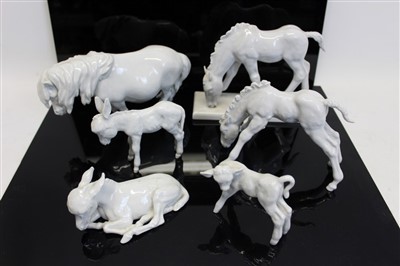 Lot 2116 - Collection of six 20th century Meissen white glazed models - including horses, Shetland pony, donkey, etc
