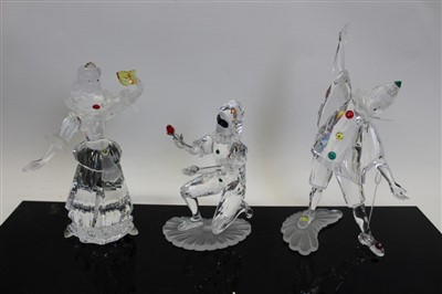 Lot 2119 - Three Swarovski crystal annual edition figures - Masquerade Pierrot 1999, Masquerade Columbine 2000 and Masquerade Harlequin 2001, all boxed with certificates
