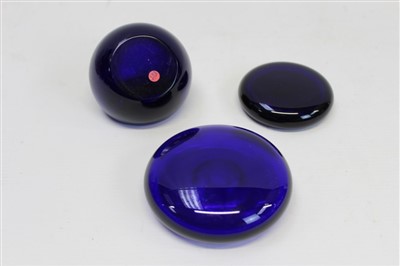 Lot 2140 - Three Bristol blue glass paperweights (one signed)