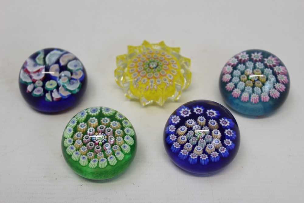 Lot 2141 - Four John Deacons small dome millefiori glass paperweights and one other (5)