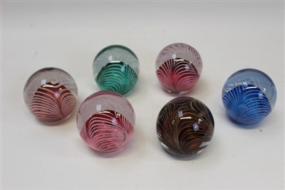 Lot 2145 - Six Adrian Sankey Nailsea design glass paperweights, all signed and dated