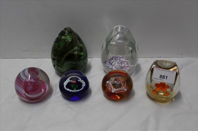 Lot 2146 - Six Caithness glass paperweights – Bridal Waltz by Helen Macdonald 2003, Swizzle by Gordon Henry 2007, Floral Gems Topaz by Design Studios 2005, Miniature Orchid by Allan Scott 1991, Miniature Chri...