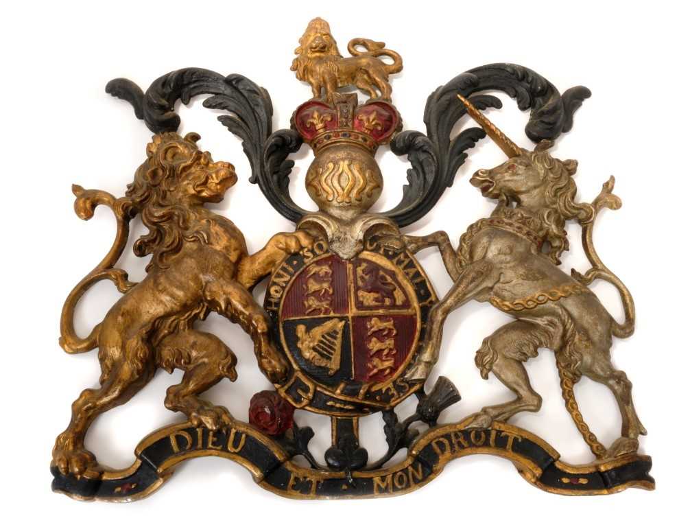 Lot 56 - Victorian cast metal Royal Coat of Arms with polychrome painted decoration, 44cm high x 50cm wide