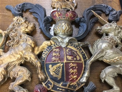 Lot 56 - Victorian cast metal Royal Coat of Arms with polychrome painted decoration, 44cm high x 50cm wide