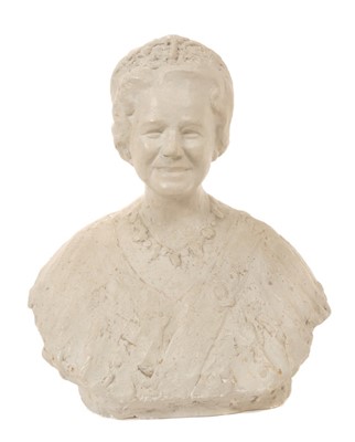 Lot 104 - Oscar Nemon (1906 – 1985) - plaster maquette bust of HM Queen Elizabeth The Queen Mother, wearing a tiara, necklace, Garter sash and Royal Family Orders