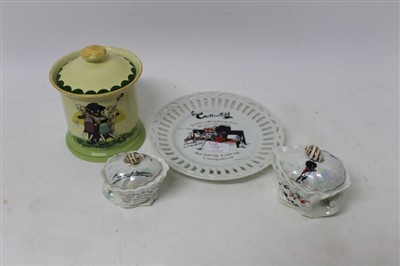Lot 2191 - Carlton Ware ‘Golliwog’ biscuit barrel and cover,
‘Golliwog’ plate and two matching pots with lids (4)