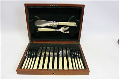 Lot 3636 - 1930s set of eight pairs of silver fish-eaters and servers, with ivory handles, in a fitted case (Sheffield 1937 / 1938), maker - J.S. & S.