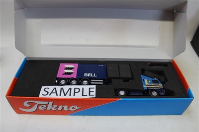 Lot 2870 - Diecast Tekno boxed selection of lorries and trailers – including Hennesey Transport 5462, Johnsson Auto Transit 011102 Hb and others (6)