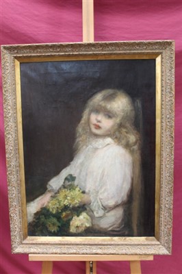 Lot 1327 - 19th century English School oil on canvas - portrait of a young girl with flowers, in gilt frame, 69cm x 51cm