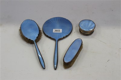 Lot 3653 - Art Deco blue enamelled silver dressing table set