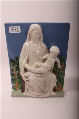 Lot 2162 - Italian Cantagalli  glazed pottery panel depicting the Madonna and Child, impressed marks verso, 28.5cm x 21.5cm
