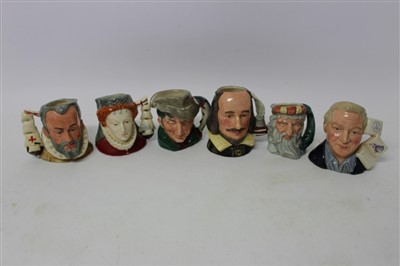 Lot 2169 - Six medium Royal Doulton character jugs – Queen Elizabeth I of England, King Phillip II of Spain, The Poacher, Neptune, Shakespeare and The Figure Collector