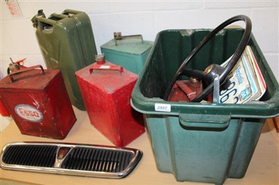Lot 2957 - Five old petrol cans – including Esso, jerry can, Minor steering wheel, Rover 200 grill and sundry automobilia