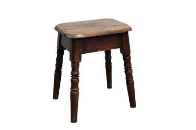 Lot 1424 - William IV yew wood stool, rounded rectangular top on splayed reel turned supports, 37cm wide x 28cm deep x 46cm high