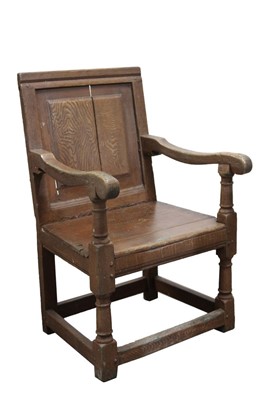 Lot 1427 - 17th century grained oak Wainscott chair with panelled back and solid seat on gun barrel turned legs and stretchers