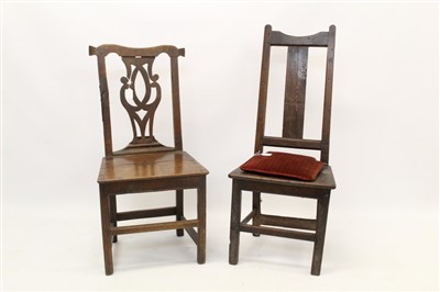 Lot 1431 - Early Georgian oak high back side chair with solid splat back and seat on square supports and stretchers, together with Chippendale-style oak country chair (2)