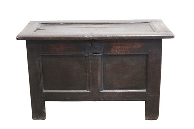 Lot 1435 - Late 17th century oak coffer with panelled lid over twin panelled front, raised on stiles, 89cm wide x 41cm deep x 55cm high