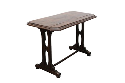 Lot 1439 - Rare Regency yew wood centre table, moulded canted rectangular top on pierced Gothic standard ends and sledge bases united by stretcher, 108cm wide x 58cm deep x 76cm high