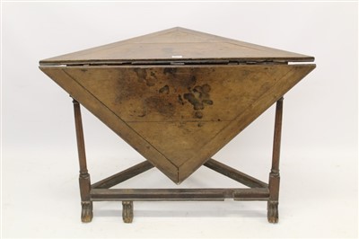 Lot 1442 - William & Mary oak drop-leaf corner table, crossbanded top raised on ring-turned supports and Braganza feet, 105cm wide x 55cm deep x 76cm high