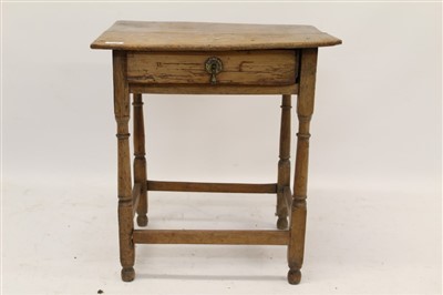 Lot 1446 - Early 18th century oak and pine side table of small proportions, with single drawer, on baluster legs, 55cm wide