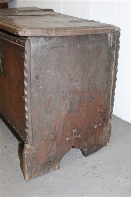 Lot 1448 - Early 17th century oak six-plank coffer of small proportions, with strap iron work and carved edging, 64cm wide