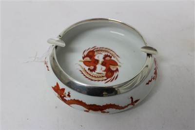 Lot 2190 - German silver mounted ashtray with dragon decoration and blue crossed sword marks to base
