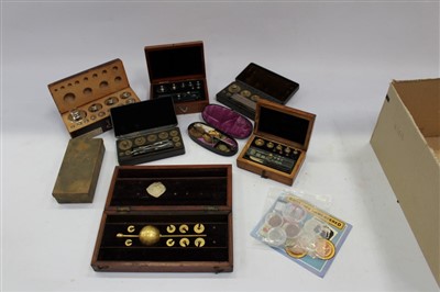 Lot 3700 - Collection of sets of weights in fitted cases, together with a Sikes hydrometer, sovereign scale, etc (qty)