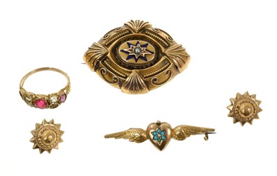 Lot 610 - Two Victorian gold brooches, pair of Victorian-style earrings and a Victorian ring