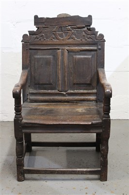 Lot 1450 - Early 17th century and later oak Wainscott chair with rustic and Blacksmith repairs