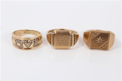 Lot 3349 - Two 9ct gold signet rings and a 9ct gold ‘Love’ ring