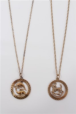 Lot 3351 - 9ct gold Aries pendant on chain and a 9ct gold Pisces pendant on chain