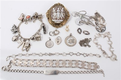 Lot 3365 - Victorian cameo brooch,  white metal charm bracelet, various silver and white metal jewellery