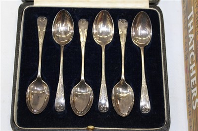 Lot 3774 - Set of six silver teaspoons in case, pair of Georgian silver Bateman sugar tongs, Georgian silver butter knife, sifter spoon and other items