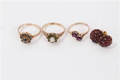 Lot 3335 - Three gold gem set rings and pair garnet cluster earrings