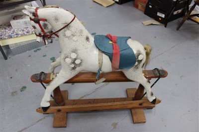 Lot 2901 - Ayres of London painted pine rocking horse, retailed by Harrods of Knightsbridge, on cantilever stand, base measurement 92cm, height overall 86cm