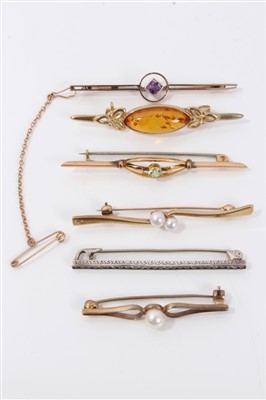 Lot 3376 - Six gold and yellow metal bar brooches set with cultured pearls, amethyst and peridot