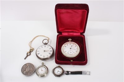 Lot 3388 - Two mother of pearl cased watches, one a gentlemen’s size, the other a fob watch, together with a Long Service and Good Conduct medal engraved – Sgt. Jones 26th Foot, a silver pocket by A. Martin o...