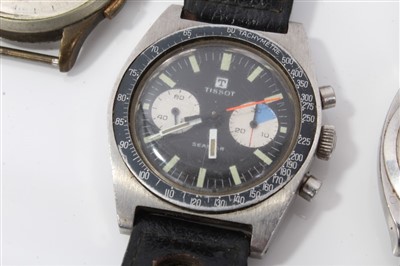 Lot 3389 - Six wristwatches – including a Tissot Seastar chronograph, an Omega sub-second timepiece in ‘cushion’ case, a Roamer, a black dial French watch and two others