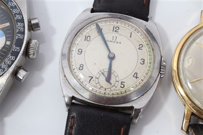 Lot 3389 - Six wristwatches – including a Tissot Seastar chronograph, an Omega sub-second timepiece in ‘cushion’ case, a Roamer, a black dial French watch and two others