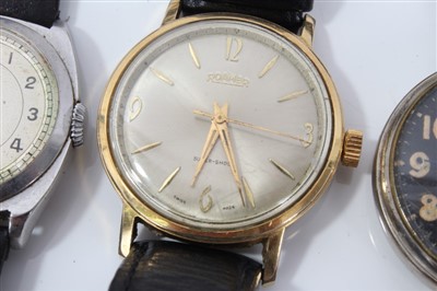 Lot 3389 - Six wristwatches – including a Tissot Seastar chronograph, an Omega sub-second timepiece in ‘cushion’ case, a Roamer, a black dial French watch and two others