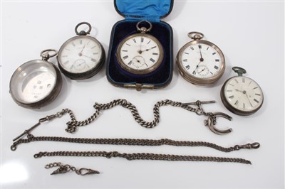 Lot 3390 - Four silver pocket watches, two by Waltham, one Verge and one other, together with two silver Albert chains and a silver watch case