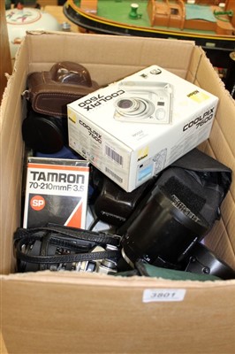 Lot 3801 - Quantity of cameras and photographic equipment – including Olympus OM1 and OM2 SLRS, a Zuiko 35mm shift lens, a Tamran 500mm mirror lens, other zoom lenses, a 150mm Bronica lens, a 40mm Bronica len...