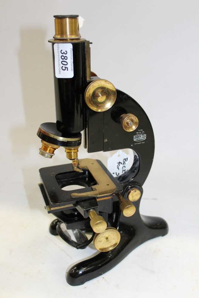 Lot 3805 - Beck London monocular microscope, black enamel stand, engraved – K.C.H. MED, SCH, with triple turret and three objectives and micrometer stage