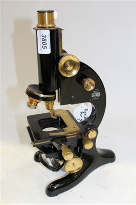 Lot 3805 - Beck London monocular microscope, black enamel stand, engraved – K.C.H. MED, SCH, with triple turret and three objectives and micrometer stage