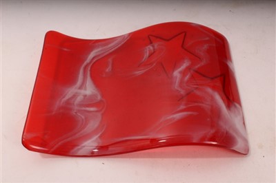 Lot 2206 - Art glass red and white shaped plaque with star decoration, signed